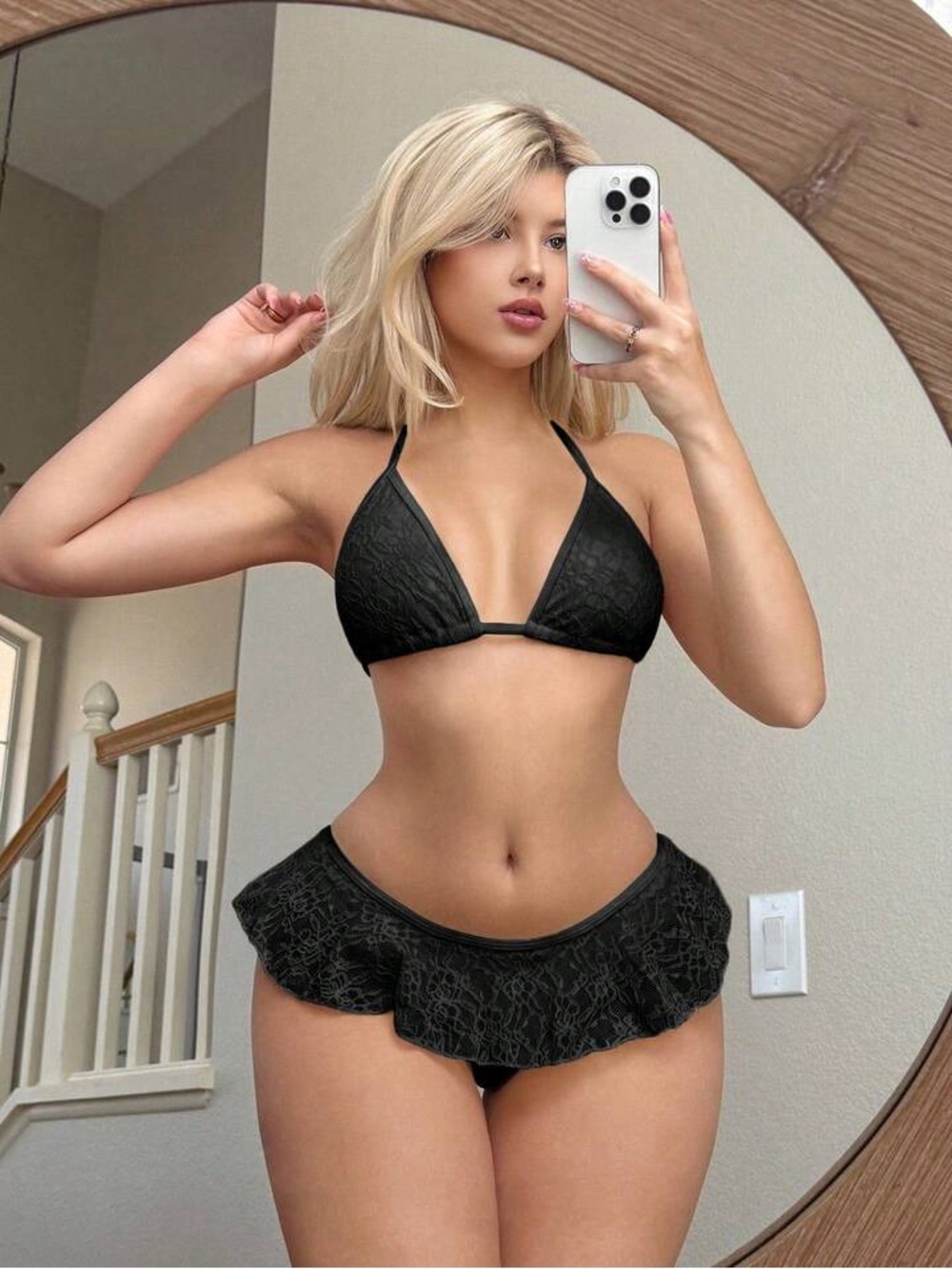 Sexy Black Lace Triangle Bikini Set with Flared Skirt